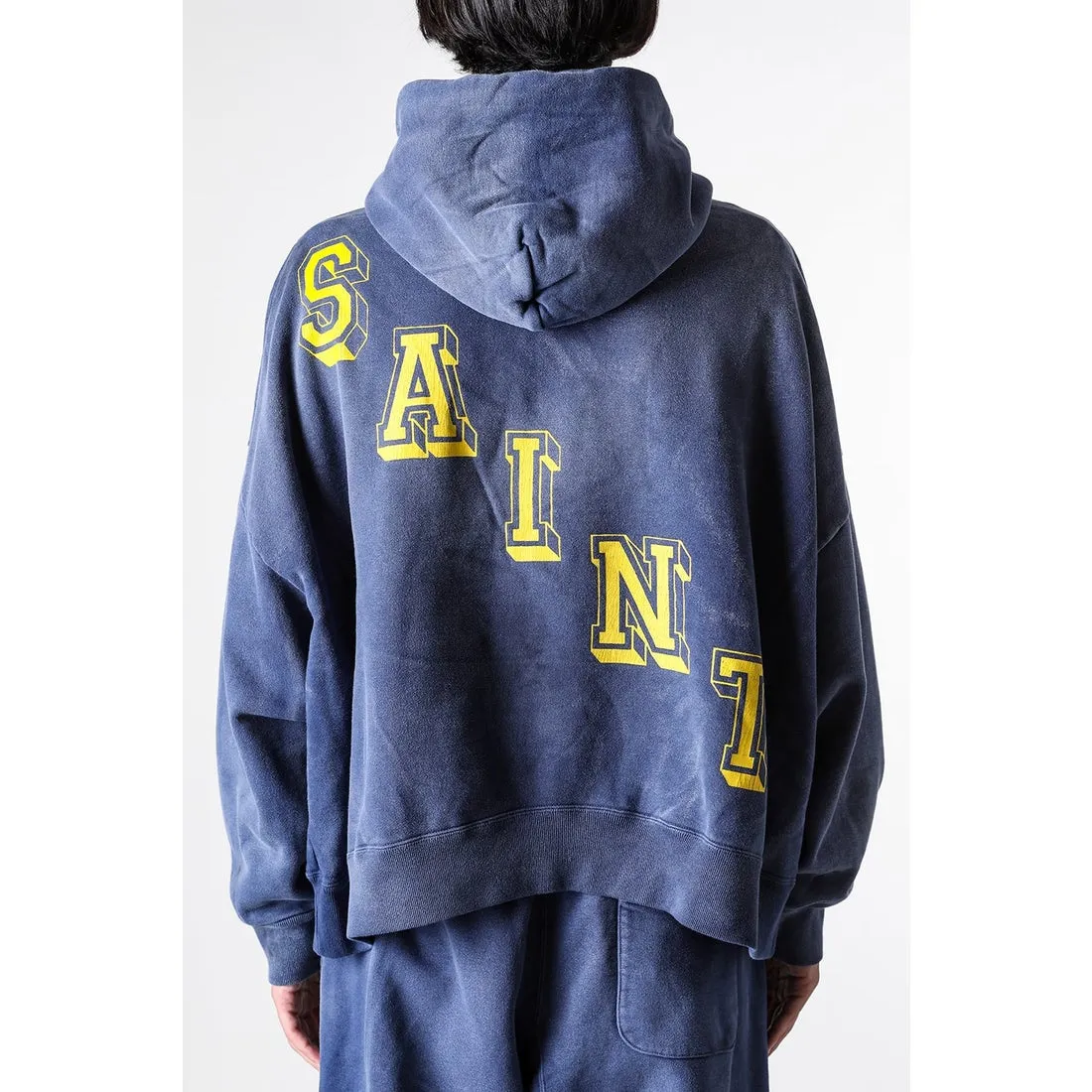 SAINT M×××××× ANGEL HOODIE/NAVY Angel Reborn Blue Hoodie Washed Blue S-XL Assute Garment Dyeing Full Clothes Water Fading Mud Dyeing Dirty Distress New Vintage Ceiling God Tailoring Original Super Loose Fit Customized Original Accessories God-level Print Restoration